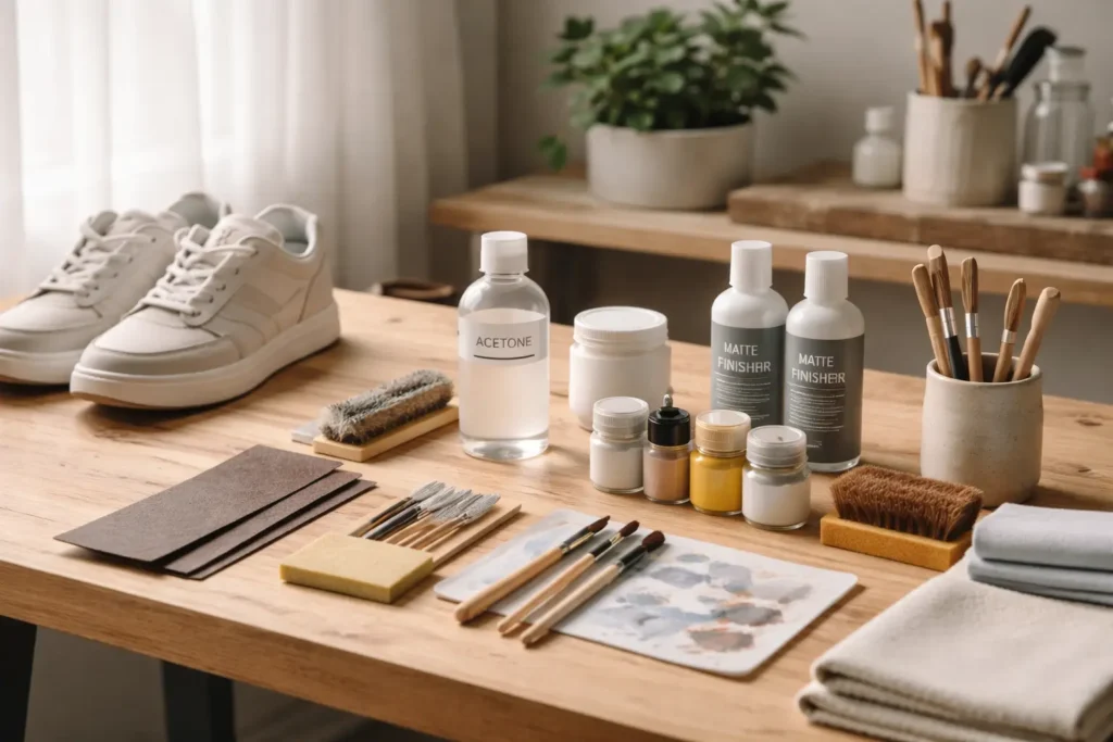 Espaço de trabalho organizado para restauração de sneakers, representando que sem organização não existe método.